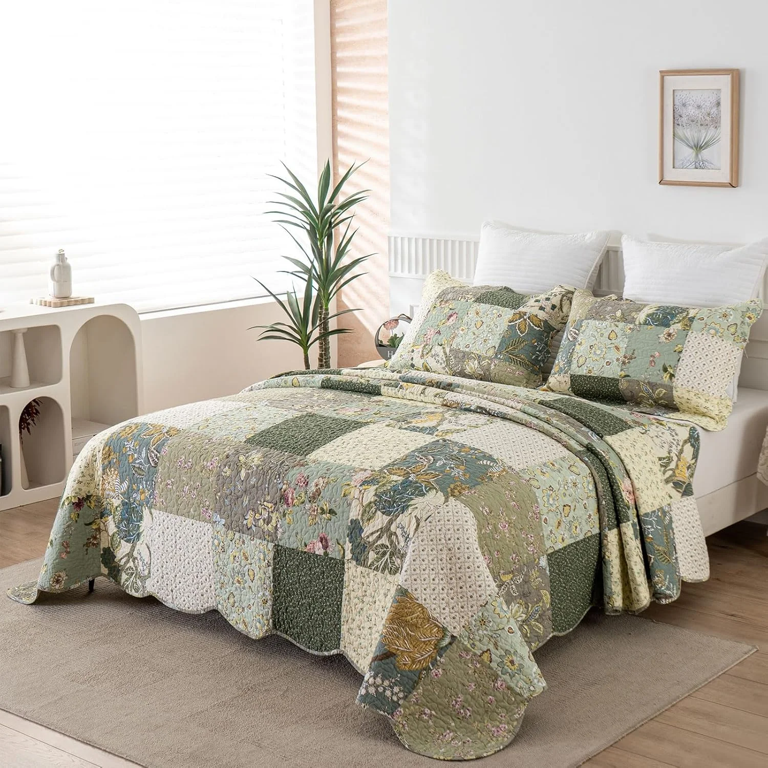 روتختی بزرگ کینگ YAYIDAY طرح تکه دوزی (305x300 سانتی متر) - رو تختی پنبه ای 100% دو رو، تنفس پذیر، طرح گلدار به همراه روبالشتی مناسب تمام فصول