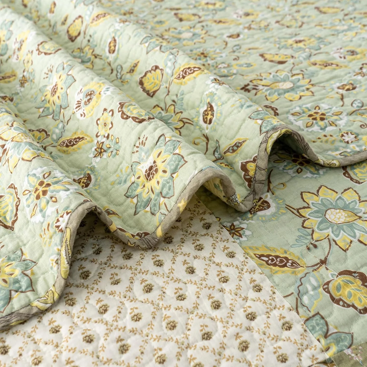 روتختی بزرگ کینگ YAYIDAY طرح تکه دوزی (305x300 سانتی متر) - رو تختی پنبه ای 100% دو رو، تنفس پذیر، طرح گلدار به همراه روبالشتی مناسب تمام فصول