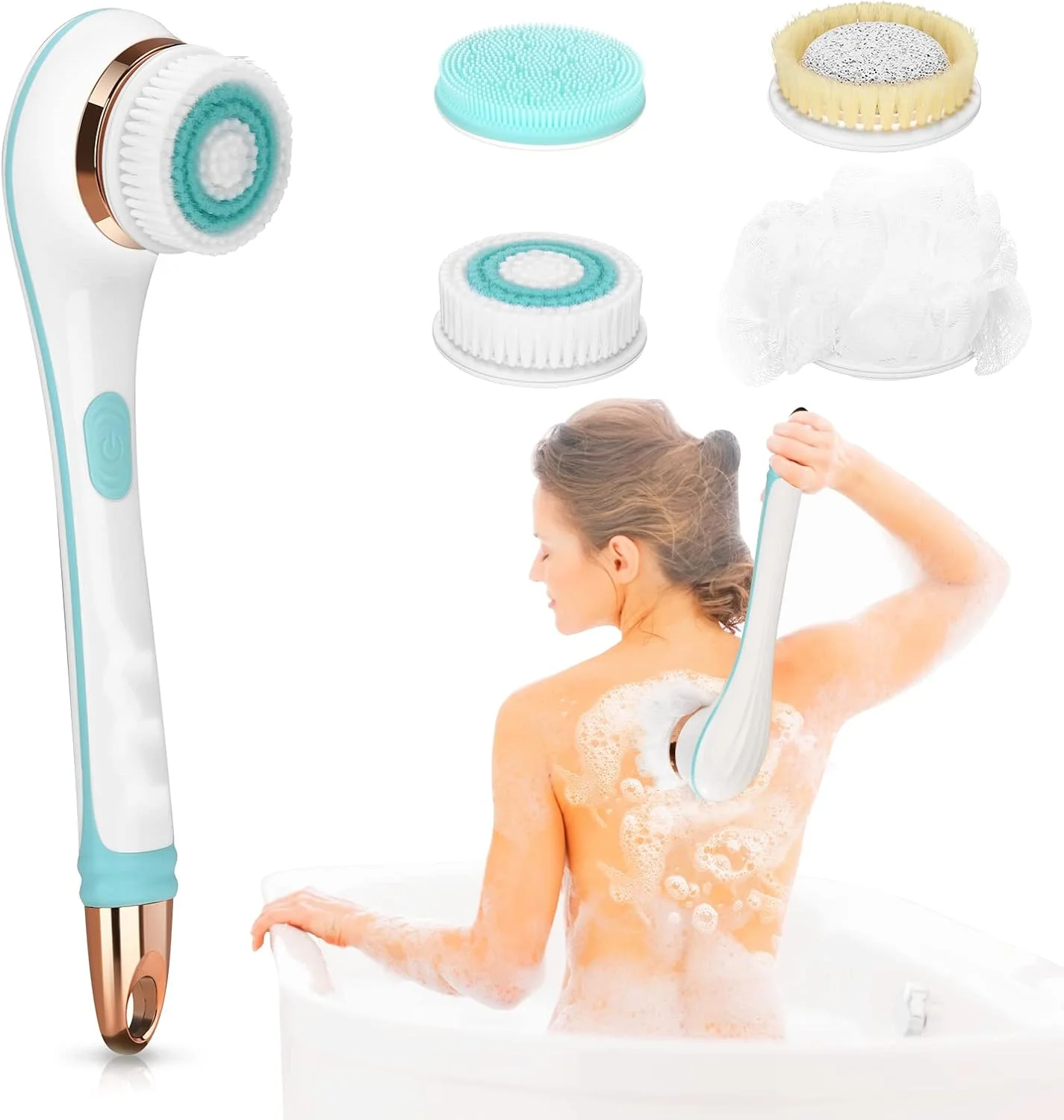 ست برس بدن برقی، اسکرابر دوش قابل شارژ USB با 4 سر، دسته بلند جداشدنی، لایه بردار عمیق با 2 سرعت، ماساژور ضد آب پوست صورت برای تمیز کردن