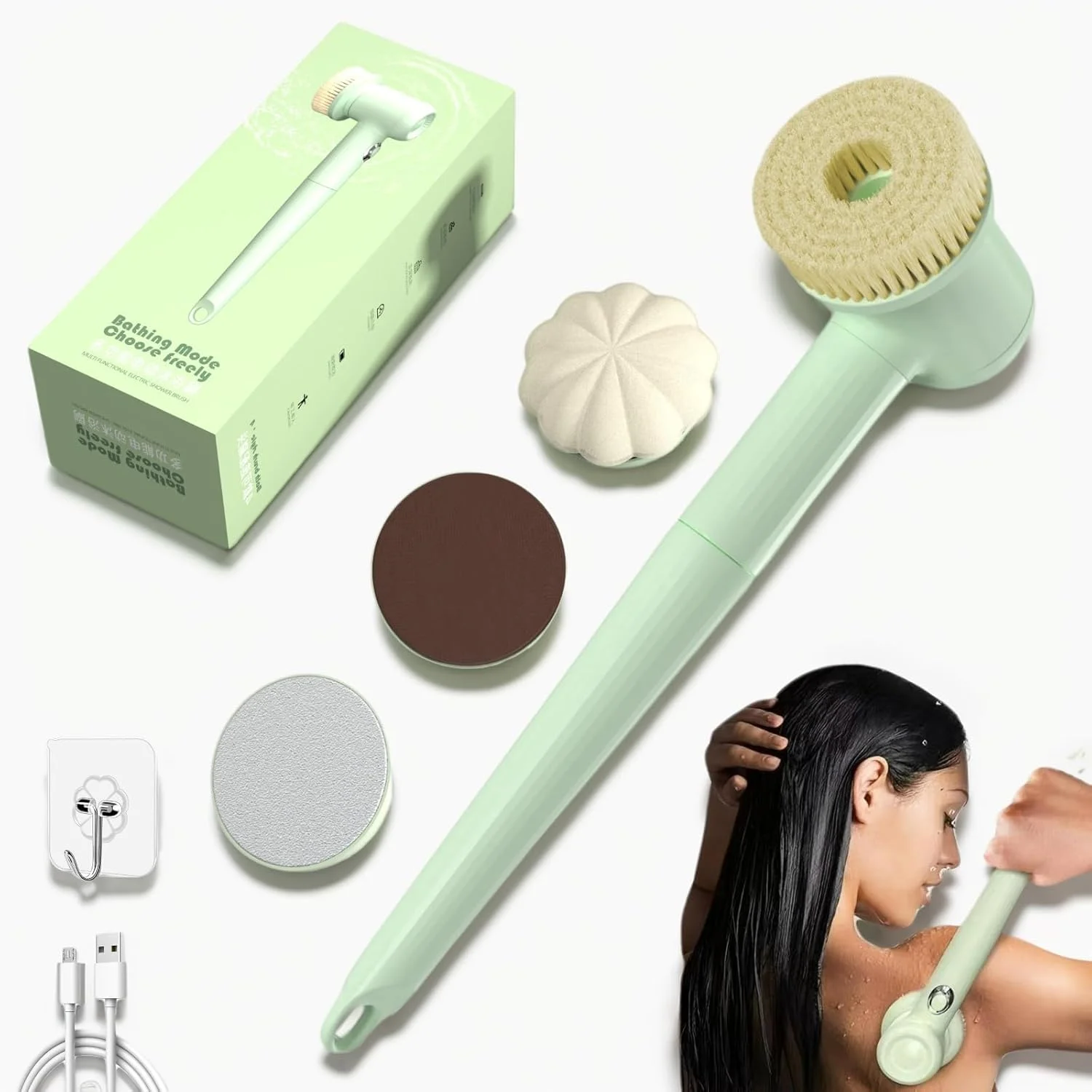 برس حمام برقی شارژی برای بدن، برس اسکرابر پشت برای دوش، اسکرابر لایه بردار بدن Azonee با 4 سر برس، 3 سرعت و ضد آب، برس حمام دسته بلند و کوتاه دوگانه برای تمیز کردن (سبز)