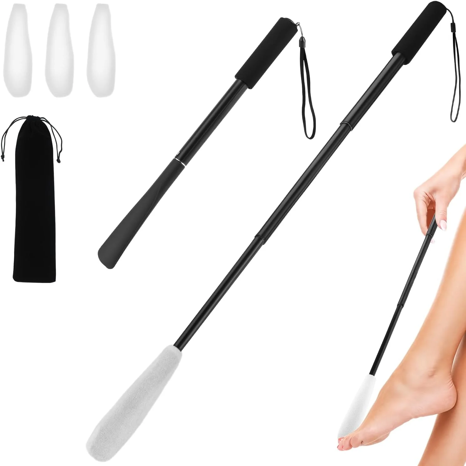 برس شستشوی پای قابل تنظیم QWORK® با دسته بلند، برس تمیز کننده فاصله انگشتان پا، به همراه سه روکش پارچه ای، برای افراد دارای مشکلات کمر