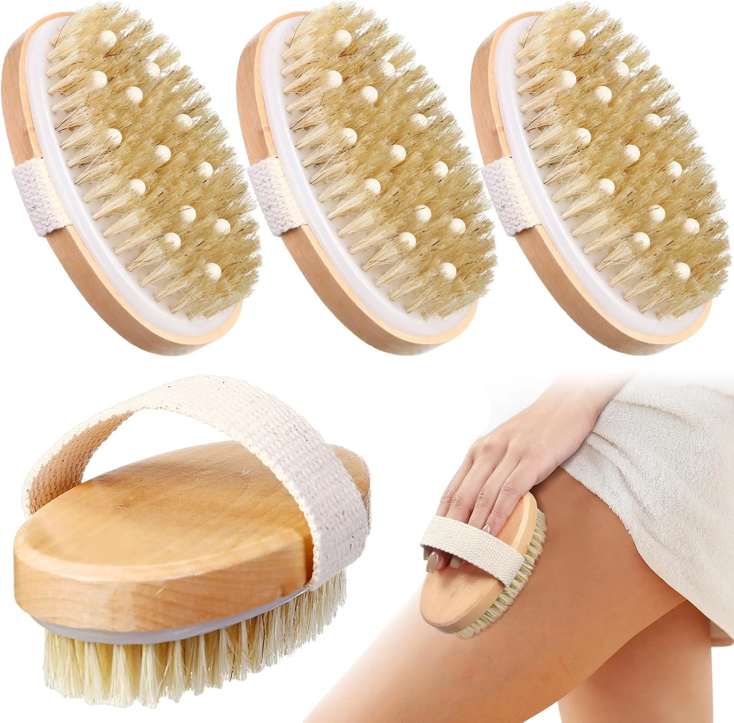 مجموعه برس بدن خشک شوی رییل نیو، 4 عددی، با گره ماساژ برای تخلیه لنفاوی و از بین بردن پوست مرده