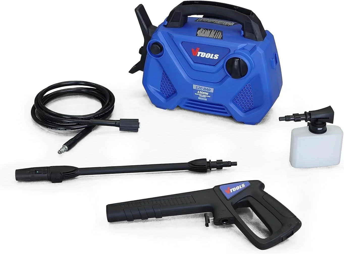 کارواش برقی 120 بار 1500 وات VTOOLS با شلنگ 3 متری و مخزن مواد شوینده، جمع و جور و سبک وزن، دارای دسته حمل داخلی، سیستم توقف خودکار، کارواش برای خودرو، خانه و باغ، آبی، VT1503