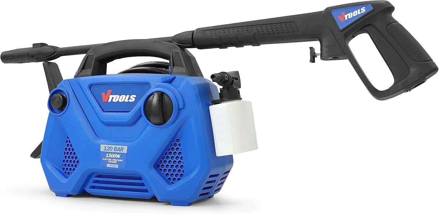 کارواش برقی 120 بار 1500 وات VTOOLS با شلنگ 3 متری و مخزن مواد شوینده، جمع و جور و سبک وزن، دارای دسته حمل داخلی، سیستم توقف خودکار، کارواش برای خودرو، خانه و باغ، آبی، VT1503 کارواش برقی 120 بار 1500 وات VTOOLS با شلنگ 3 متری و مخزن مواد شوینده، جمع و جور و سبک وزن، دارای دسته حمل داخلی، سیستم توقف خودکار، کارواش برای خودرو، خانه و باغ، آبی، VT1503