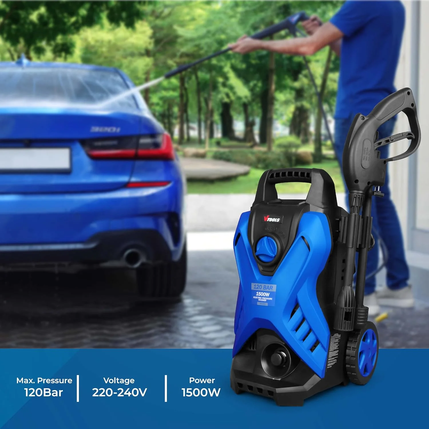 کارواش برقی 120 بار VTOOLS مدل VT1509-KIT با شلنگ 5 متری به همراه شلنگ باغی 10 متری اضافی، مخزن مواد شوینده، 1500 وات، سیستم توقف خودکار و مکش خودکار، مناسب برای خودرو، خانه و باغ، آبی کارواش برقی 120 بار VTOOLS مدل VT1509-KIT با شلنگ 5 متری به همراه شلنگ باغی 10 متری اضافی، مخزن مواد شوینده، 1500 وات، سیستم توقف خودکار و مکش خودکار، مناسب برای خودرو، خانه و باغ، آبی