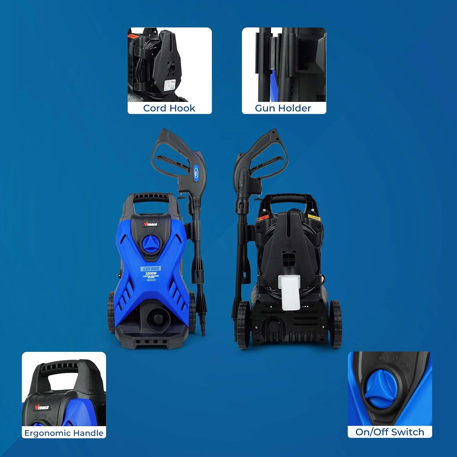 کارواش برقی 120 بار VTOOLS مدل VT1509-KIT با شلنگ 5 متری به همراه شلنگ باغی 10 متری اضافی، مخزن مواد شوینده، 1500 وات، سیستم توقف خودکار و مکش خودکار، مناسب برای خودرو، خانه و باغ، آبی کارواش برقی 120 بار VTOOLS مدل VT1509-KIT با شلنگ 5 متری به همراه شلنگ باغی 10 متری اضافی، مخزن مواد شوینده، 1500 وات، سیستم توقف خودکار و مکش خودکار، مناسب برای خودرو، خانه و باغ، آبی