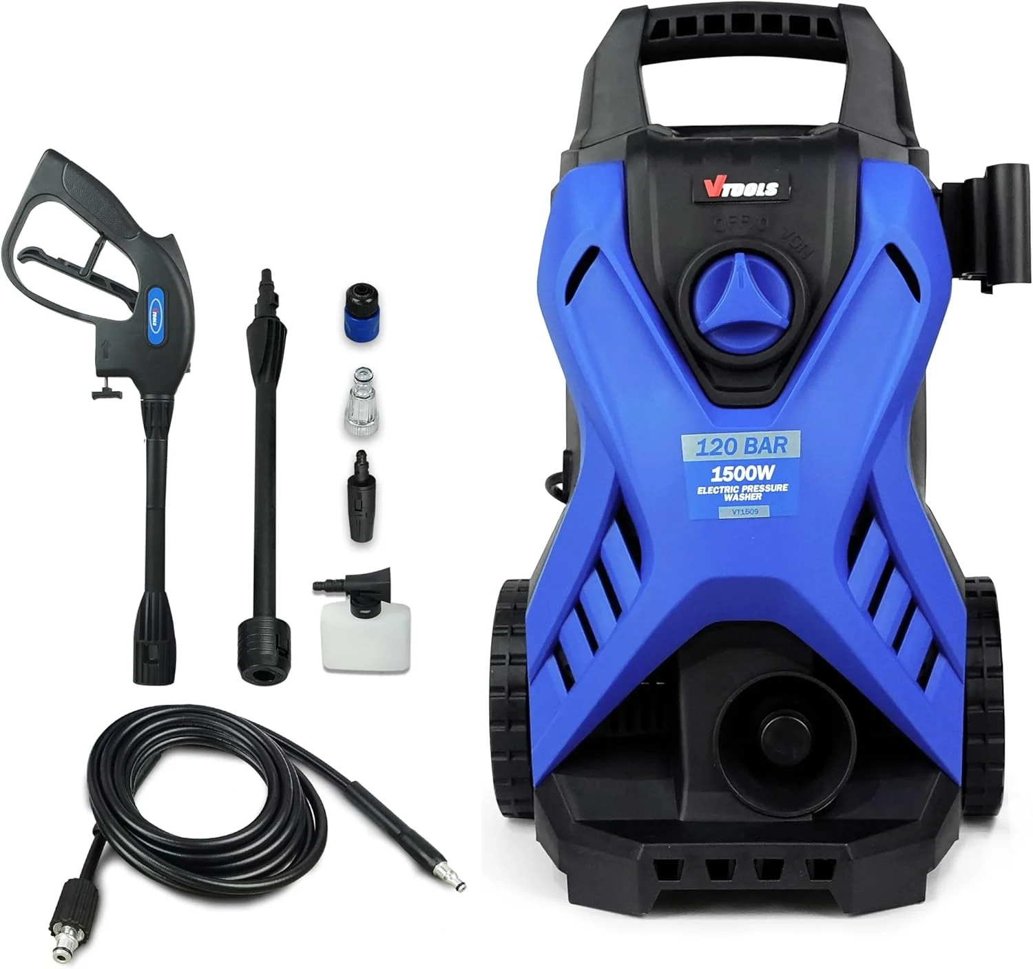 کارواش برقی 120 بار VTOOLS با 2 چرخ، شلنگ 5 متری، مخزن مواد شوینده، 1500 وات، حالت توقف خودکار و خود مکش، برای خودرو، خانه و باغ، آبی، VT1509