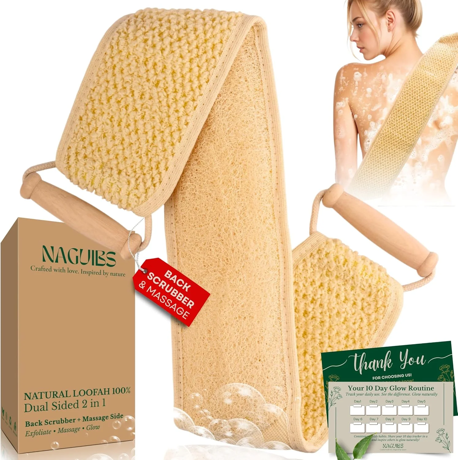 لیف لوفا طبیعی مصری درجه یک 2 در 1 با دسته، اسکرابر پشت برای دوش و ماساژ، لایه بردار بدن برای زنان و مردان، اسکرابر و شوینده پشتی برای دوش، لوفا برای تمیز کردن عمیق پشت