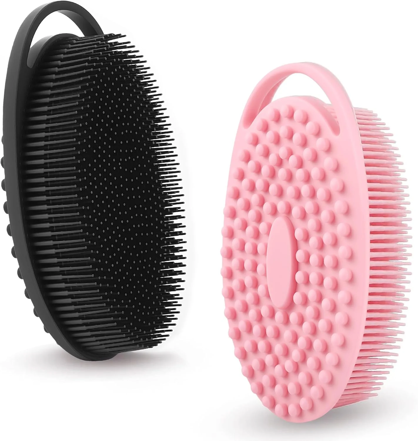 بسته 2 عددی اسکرابر سیلیکونی بدن برای دوش - جایگزین نرم و ملایم لیف برای پوست های حساس، برس اسکرابر شستشوی بدن با قابلیت خشک شدن سریع و بهداشتی برای زنان، مردان و کودکان (مشکی و صورتی)