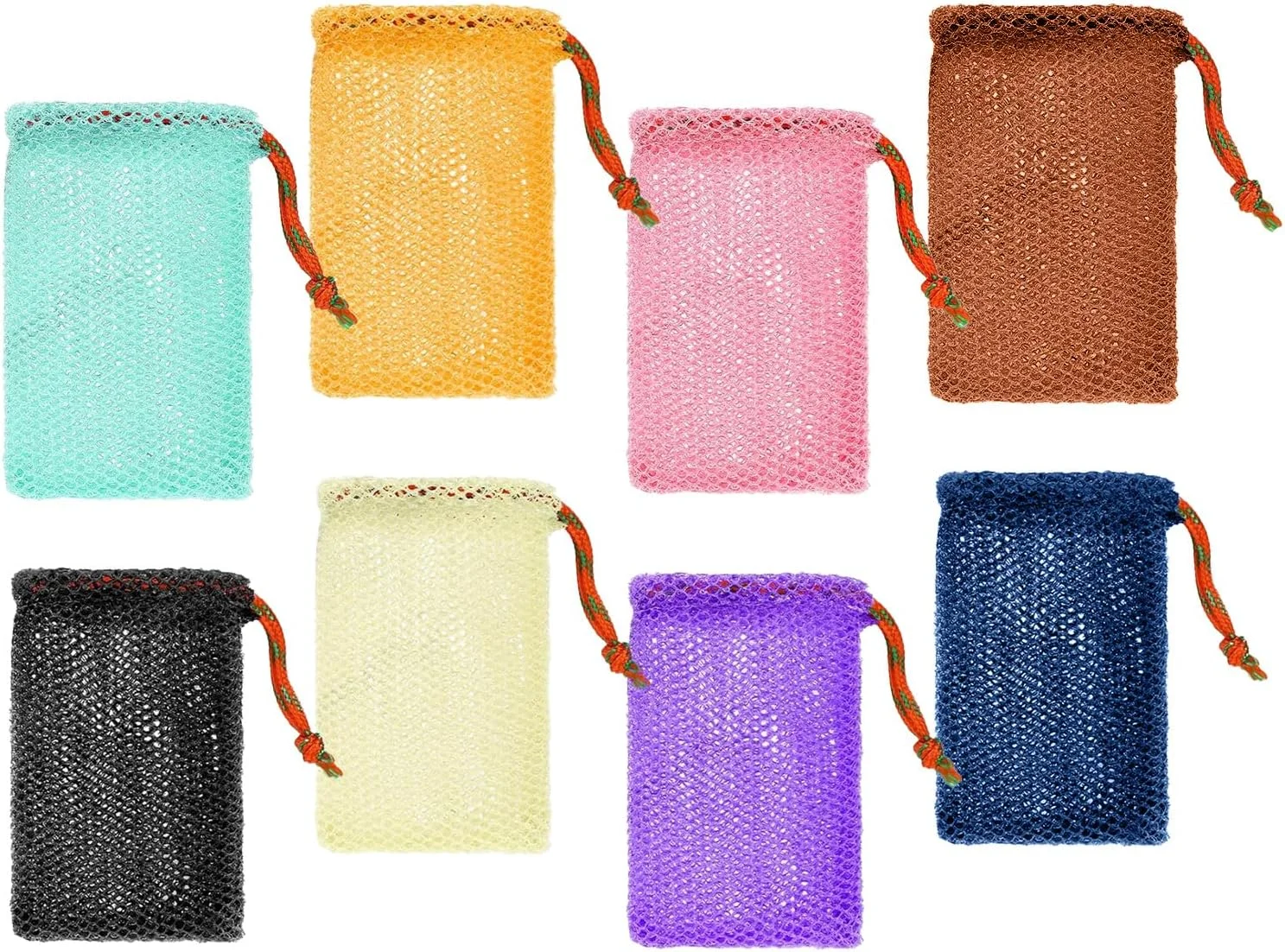 8 عدد کیسه صابون توری بند دار، کیسه توری دوش، با مهر و موم بند دار، قابل آویزان کردن، با قابلیت لایه برداری بند دار، مورد استفاده برای محصولات پاک کننده بدن و صورت (8 رنگ)