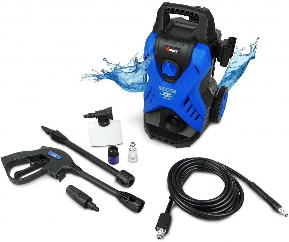 کارواش برقی 120 بار VTOOLS با 2 چرخ، شلنگ 5 متری، مخزن مواد شوینده، 1500 وات، حالت توقف خودکار و خود مکش، برای خودرو، خانه و باغ، آبی، VT1509 کارواش برقی 120 بار VTOOLS با 2 چرخ، شلنگ 5 متری، مخزن مواد شوینده، 1500 وات، حالت توقف خودکار و خود مکش، برای خودرو، خانه و باغ، آبی، VT1509