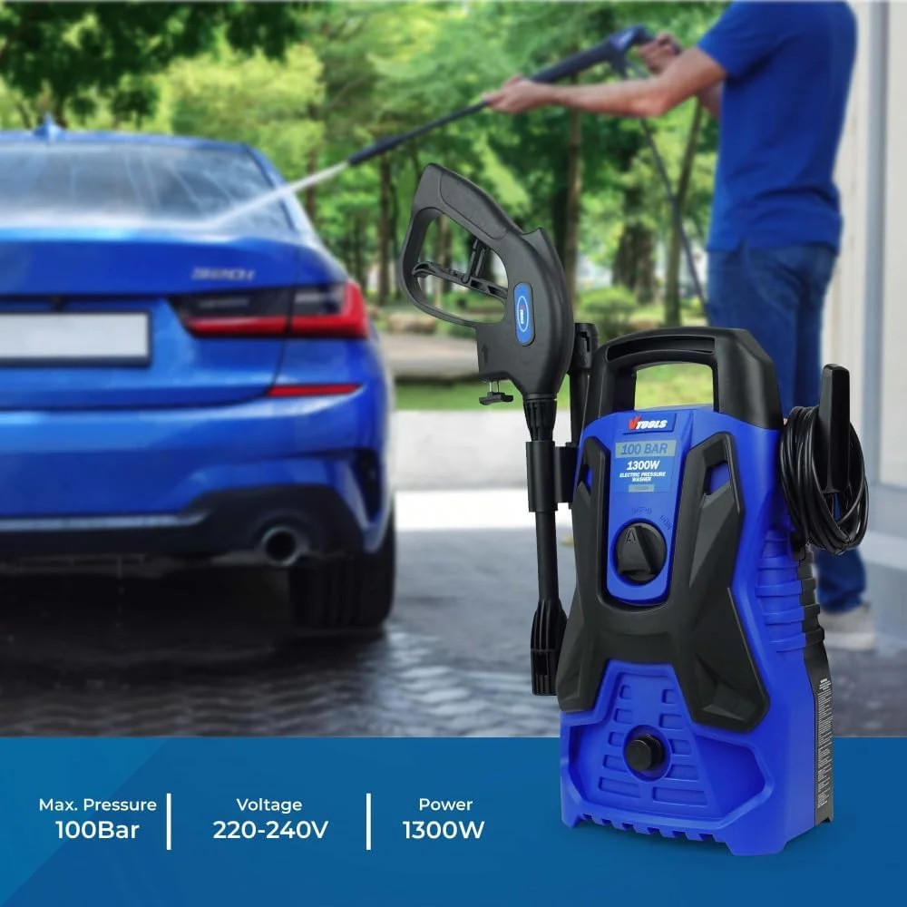 کارواش برقی 100 بار VTOOLS با شلنگ 5 متری و مخزن مواد شوینده، 1300 وات، دارای سیستم توقف خودکار و حالت خود مکش، مناسب برای خودرو، خانه و باغ، آبی، VT1508 کارواش برقی 100 بار VTOOLS با شلنگ 5 متری و مخزن مواد شوینده، 1300 وات، دارای سیستم توقف خودکار و حالت خود مکش، مناسب برای خودرو، خانه و باغ، آبی، VT1508