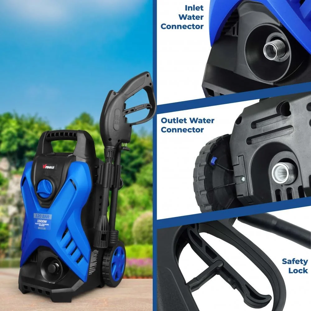 کارواش برقی 120 بار VTOOLS با 2 چرخ، شلنگ 5 متری، مخزن مواد شوینده، 1500 وات، حالت توقف خودکار و خود مکش، برای خودرو، خانه و باغ، آبی، VT1509 کارواش برقی 120 بار VTOOLS با 2 چرخ، شلنگ 5 متری، مخزن مواد شوینده، 1500 وات، حالت توقف خودکار و خود مکش، برای خودرو، خانه و باغ، آبی، VT1509