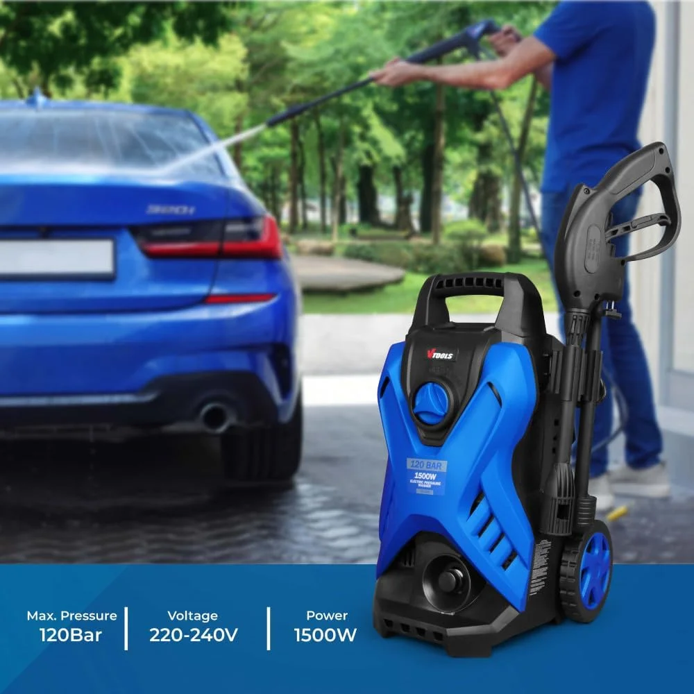 کارواش برقی 120 بار VTOOLS با 2 چرخ، شلنگ 5 متری، مخزن مواد شوینده، 1500 وات، حالت توقف خودکار و خود مکش، برای خودرو، خانه و باغ، آبی، VT1509 کارواش برقی 120 بار VTOOLS با 2 چرخ، شلنگ 5 متری، مخزن مواد شوینده، 1500 وات، حالت توقف خودکار و خود مکش، برای خودرو، خانه و باغ، آبی، VT1509
