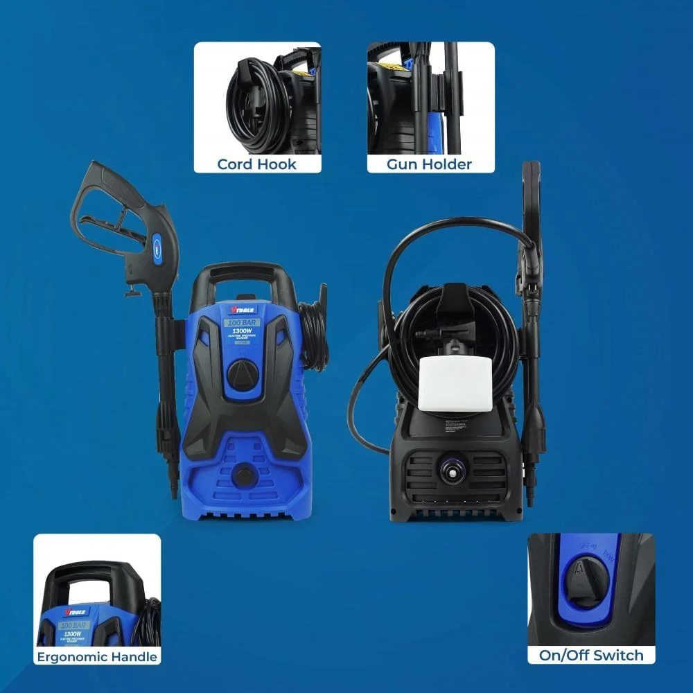 کارواش برقی 100 بار VTOOLS با شلنگ 5 متری و مخزن مواد شوینده، 1300 وات، دارای سیستم توقف خودکار و حالت خود مکش، مناسب برای خودرو، خانه و باغ، آبی، VT1508 کارواش برقی 100 بار VTOOLS با شلنگ 5 متری و مخزن مواد شوینده، 1300 وات، دارای سیستم توقف خودکار و حالت خود مکش، مناسب برای خودرو، خانه و باغ، آبی، VT1508