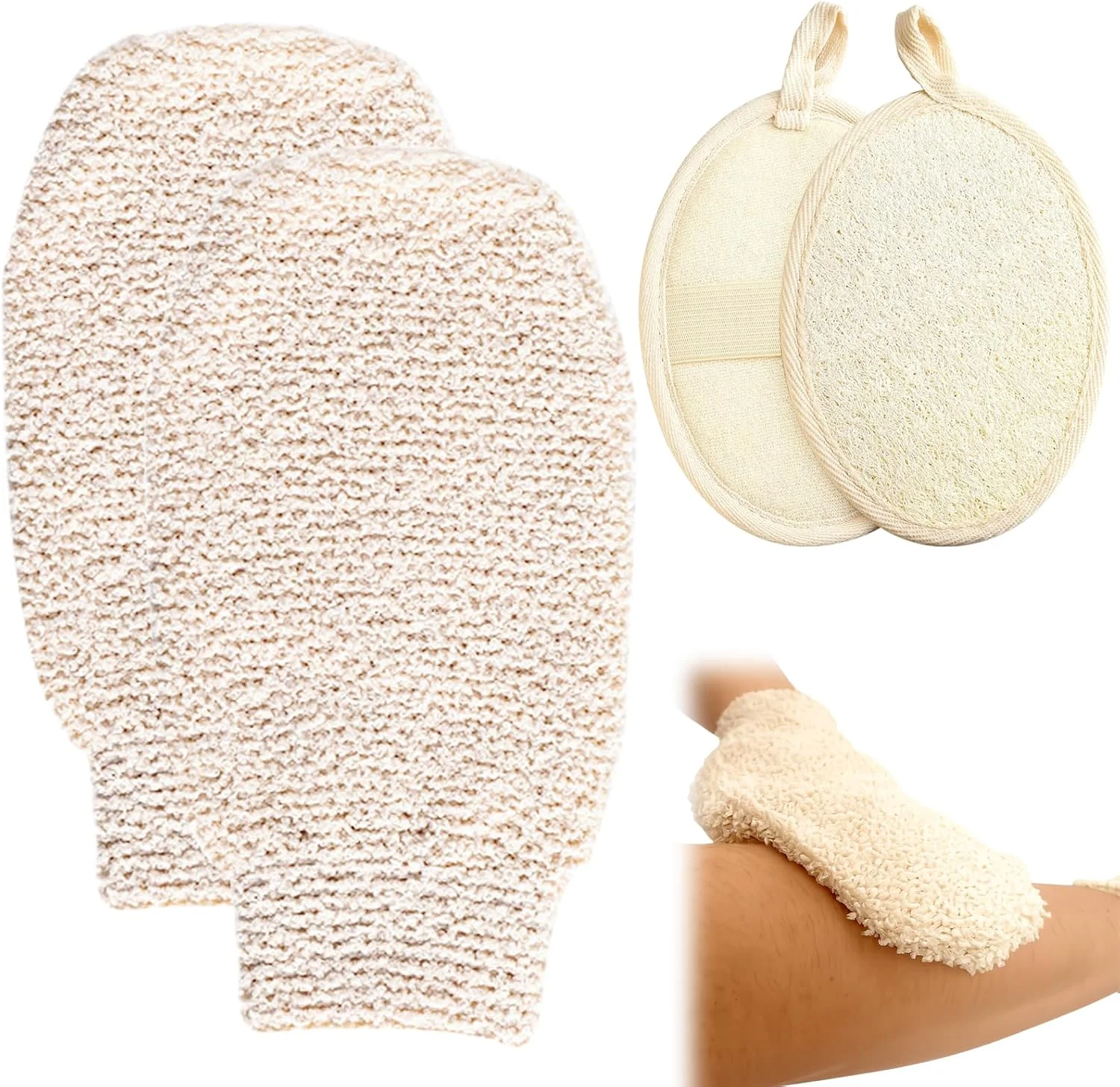 دستکش های حمام نویزنس - مجموعه 4 عددی لیف لوفا زنانه شامل 2 دستکش لایه بردار با بافت و 2 برش لوفا، اسکرابر دوش پاک کننده عمیق برای بدن و روتین مراقبت از پوست