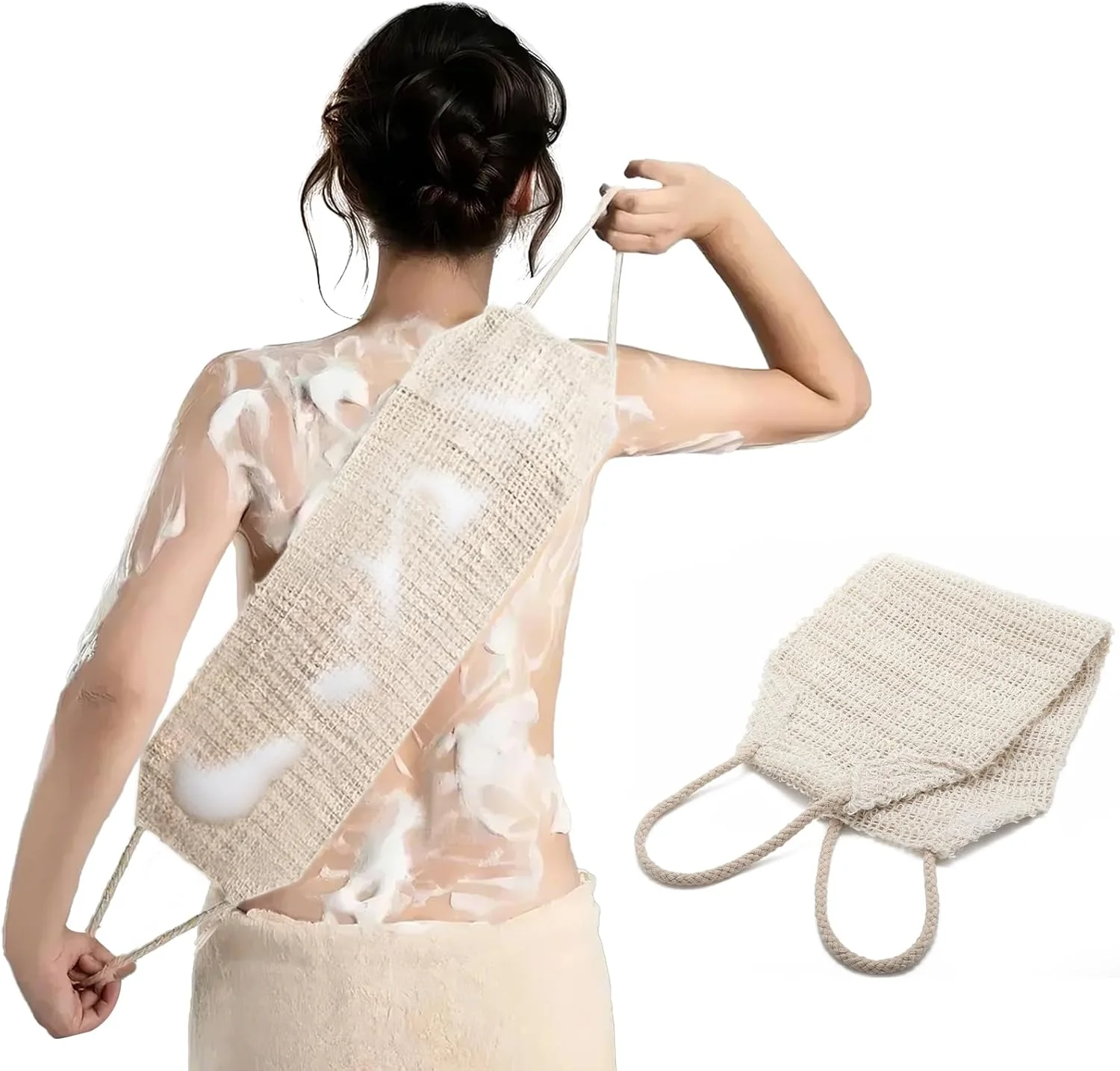 لیف لایه بردار بدن از جنس سیسال و رامی طبیعی برای حمام با دسته - پاک کننده عمیق پشت، ابزار اسپا برای پوست درخشان و مراقبت از کل بدن