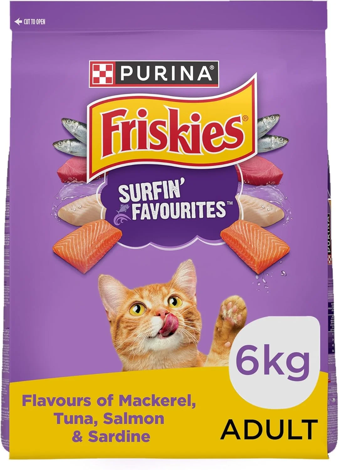 غذای خشک گربه بالغ FRISKIES Purina Friskies Surfin' Favourites، طعم های ماهی خال مخالی، ماهی تن، ماهی سالمون و ساردین، بسته 6.5 کیلوگرمی، گرانول