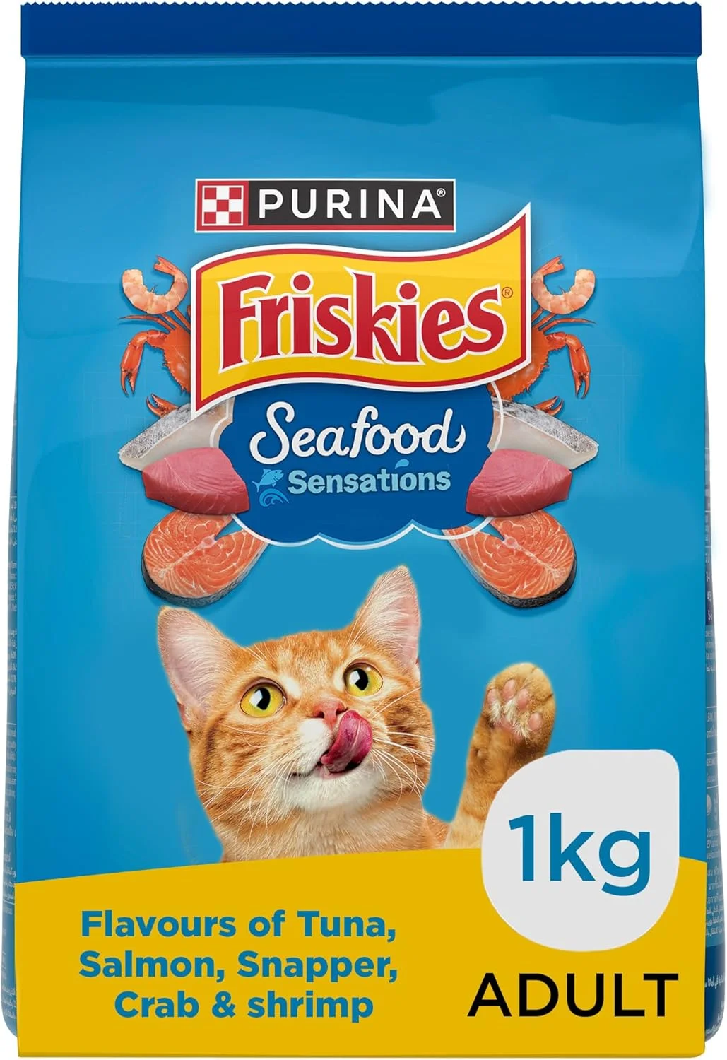 غذای خشک گربه بالغ FRISKIES با طعم غذاهای دریایی، طعم های ماهی تن، سالمون، ماهی سفید، خرچنگ و میگو، 1 کیلوگرم، بسته
