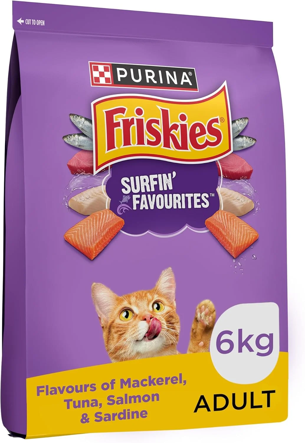 غذای خشک گربه بالغ FRISKIES Purina Friskies Surfin' Favourites، طعم های ماهی خال مخالی، ماهی تن، ماهی سالمون و ساردین، بسته 6.5 کیلوگرمی، گرانول