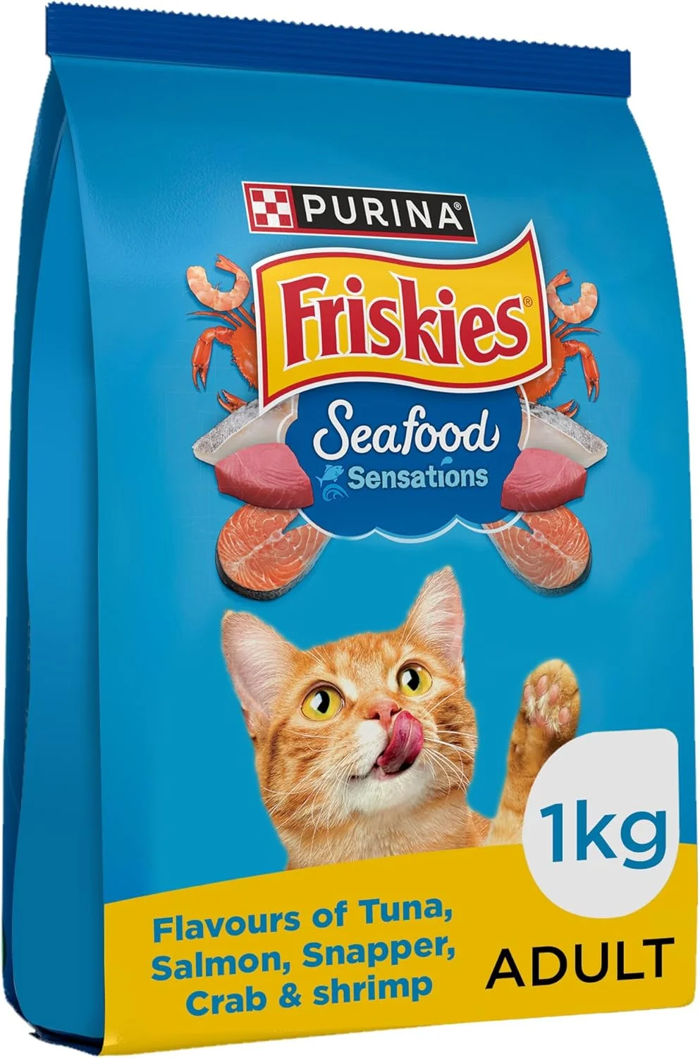 غذای خشک گربه بالغ FRISKIES با طعم غذاهای دریایی، طعم های ماهی تن، سالمون، ماهی سفید، خرچنگ و میگو، 1 کیلوگرم، بسته غذای خشک گربه بالغ FRISKIES با طعم غذاهای دریایی، طعم های ماهی تن، سالمون، ماهی سفید، خرچنگ و میگو، 1 کیلوگرم، بسته