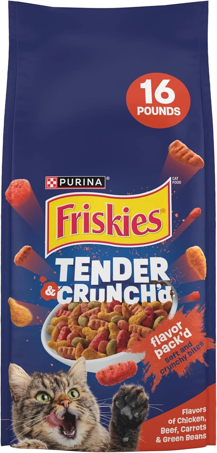 غذای خشک گربه بالغ ترکیبی مرغ و گوشت با طعم هویج و لوبیا سبز Purina Friskies Tender and Crunch'd - کیسه 16 پوندی