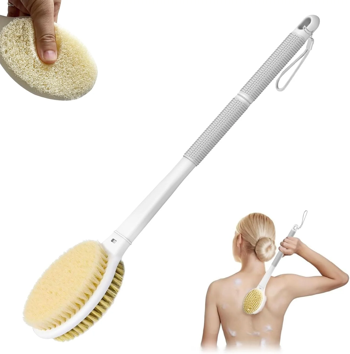 برس اسکرابر پشت MOXYOY، برس دوش بدن با دسته بلند 44 سانتی‌متری، برس دو طرفه لایه بردار پشت با موهای زبر و نرم برای زنان، مردان و سالمندان (خاکستری)