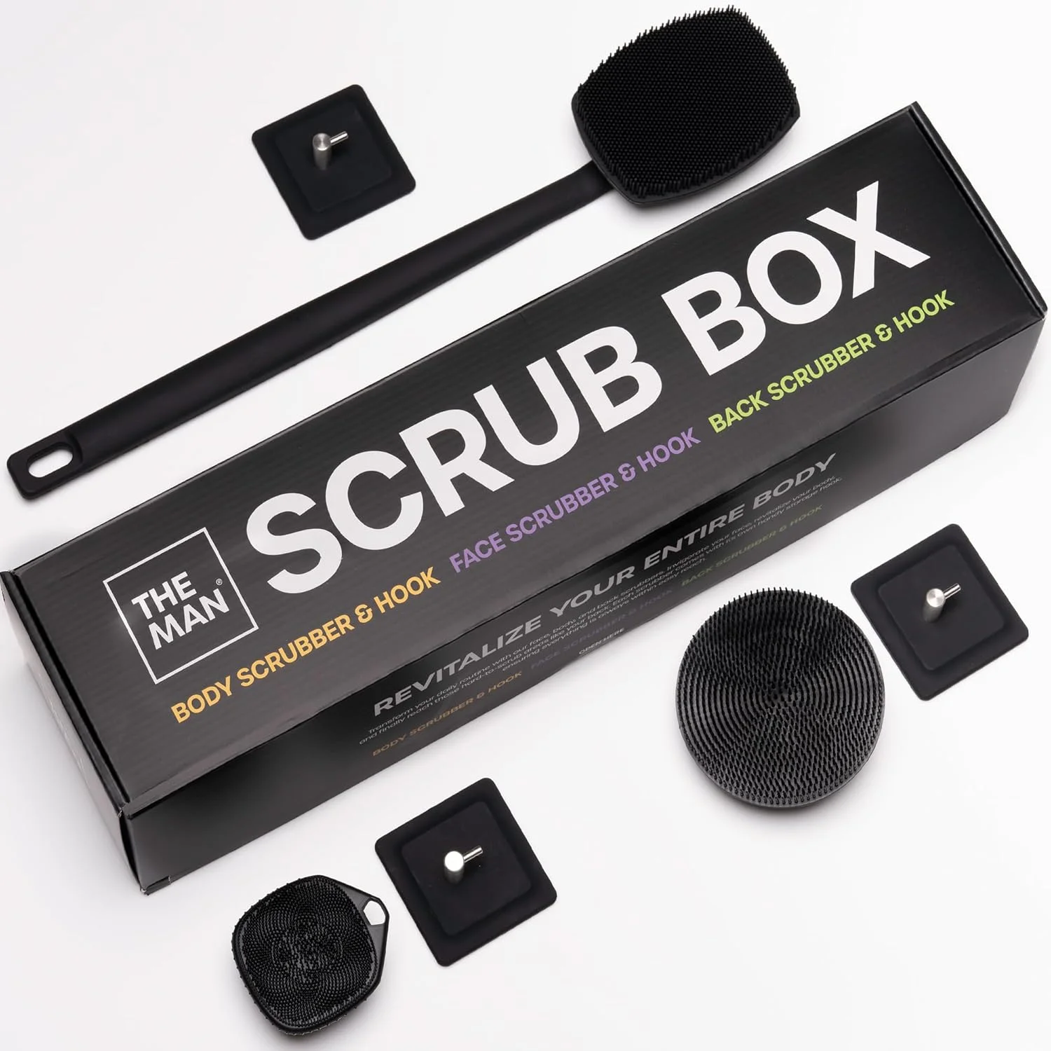 جعبه اسکراب مردانه - ست اسکرابر سیلیکونی بدن و صورت - اسکرابر پشت برای دوش، اسکرابر صورت مردانه، برس پاک کننده اسکرابر سیلیکونی بدن - قلاب های نگهدارنده - لوازم جانبی حمام مردانه - هدیه برای مردان