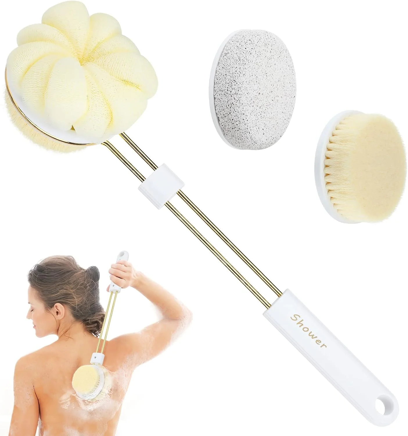 برس حمام بدن 3 در 1 MAKINGTEC، برس دوش چند منظوره دسته بلند، سنگ پا، برس حمام، برس لایه بردار دو طرفه، لیف پاک کننده پشت برای مردان و زنان، لایه برداری و ماساژ