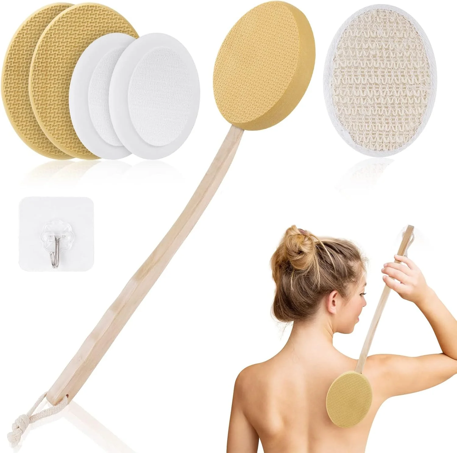 ست لوسیون اپلیکاتور برای پشت و بدن، دسته چوبی بلند با 4 پد تعویضی، برس حمام 2 در 1 و اسکرابر پشت با قلاب برای نگهداری آسان (ست 7 عددی)