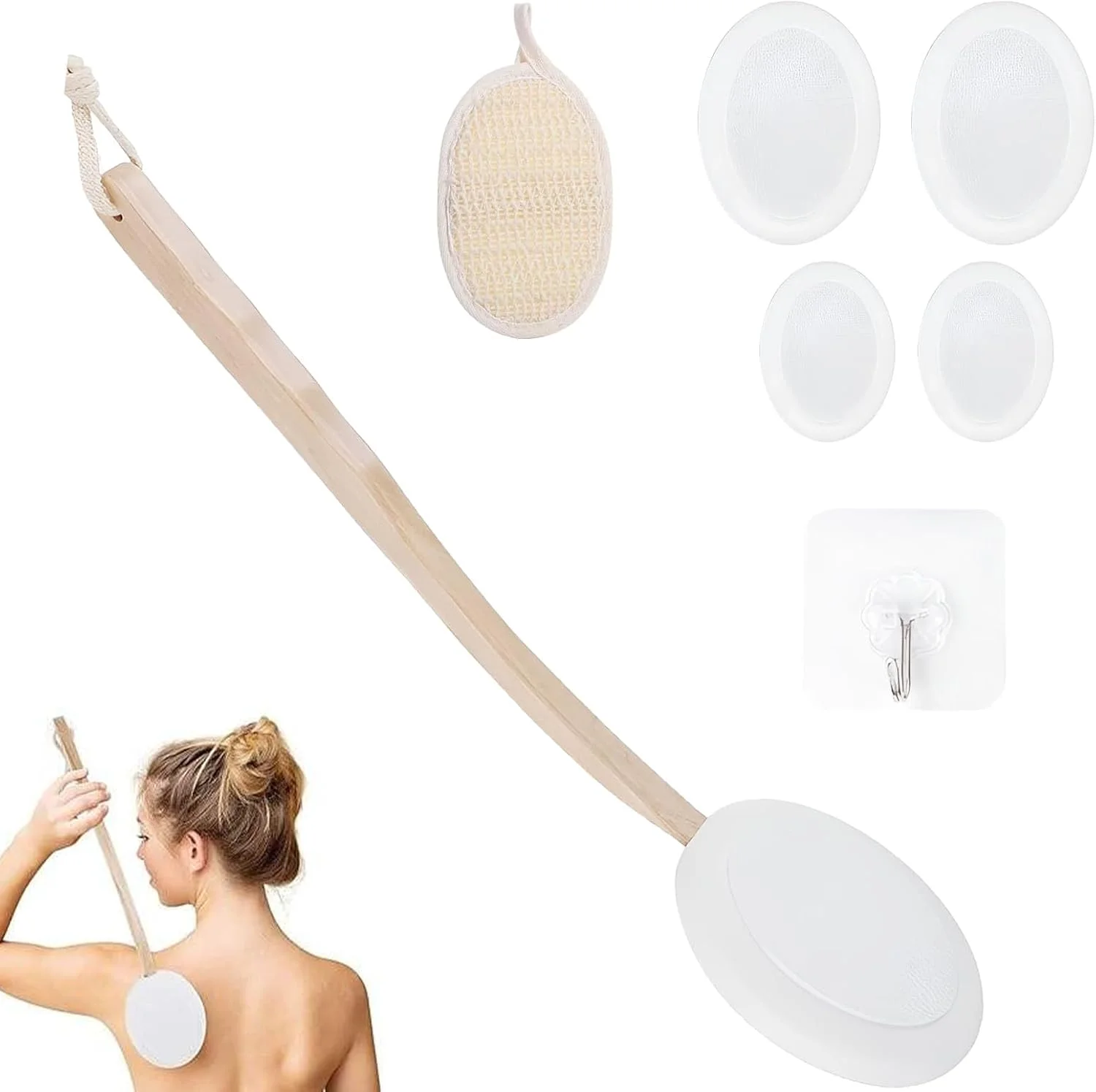 لوسیون اپلیکاتور برای پشت، دسته چوبی اپلیکاتور ضد آفتاب با دسته بلند برای استفاده از دارو، اپلیکاتور لوسیون مرطوب کننده پشت با چهار سر برس قابل تعویض