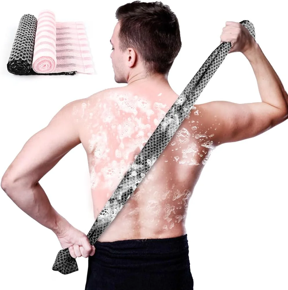 لیف حمام لوفه مدل LOPHE، بسته 2 عددی، لیف لایه بردار بلند، حوله بدن لایه بردار فوق العاده بلند، لایه بردار عمیق بدن، اسکراب لوفا طبیعی، تمیز کننده آلودگی و پوست مرده برای آقایان و بانوان، مشکی