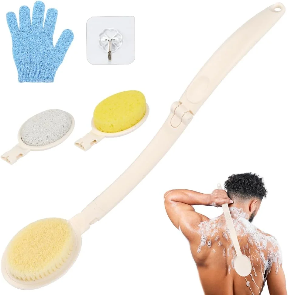 برس حمام پشت LOPHE با دسته بلند، برس پشت بدن تاشو 3 در 1 با دسته بلند، برس بدن دو طرفه برای لایه برداری و ماساژ (سفید)