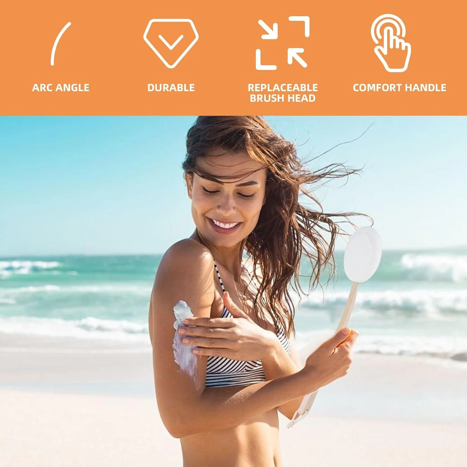 لوسیون اپلیکاتور برای پشت، دسته چوبی اپلیکاتور ضد آفتاب با دسته بلند برای استفاده از دارو، اپلیکاتور لوسیون مرطوب کننده پشت با چهار سر برس قابل تعویض