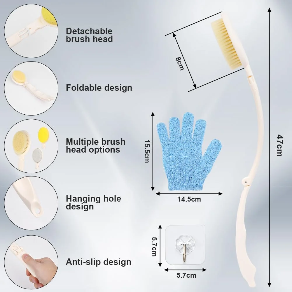 برس حمام پشت LOPHE با دسته بلند، برس پشت بدن تاشو 3 در 1 با دسته بلند، برس بدن دو طرفه برای لایه برداری و ماساژ (سفید)