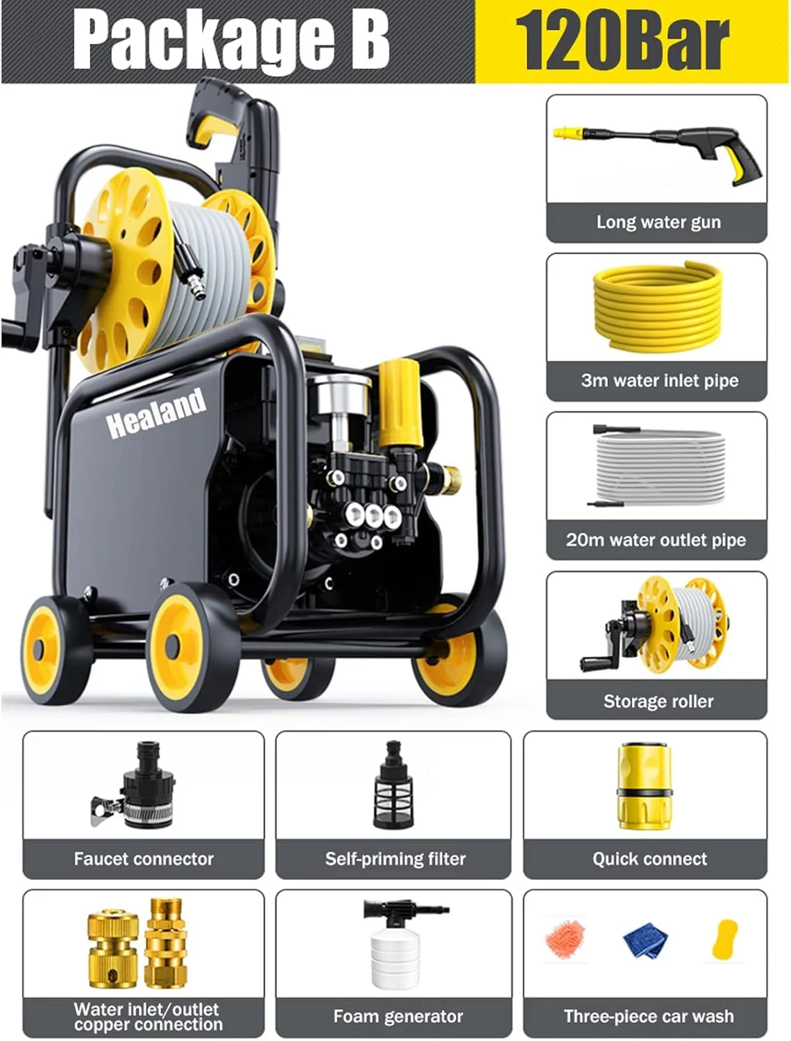 کارواش فشار قوی 220 ولت، تفنگ آب پاش کارواش 120 بار، پمپ دستگاه کارواش، تولید کننده فوم، لوازم جانبی خودرو، B