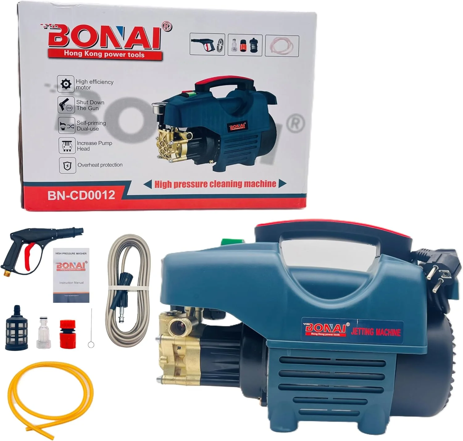 دستگاه کارواش پرفشار بونای مدل BN-CD0012، توان 400-2000 وات، سرعت 2800 دور در دقیقه، نرخ جریان 6 لیتر در دقیقه، فشار 70-250 بار - دو منظوره، خود مکش، محافظت در برابر گرمای بیش از حد برای نظافت منزل و فضای باز