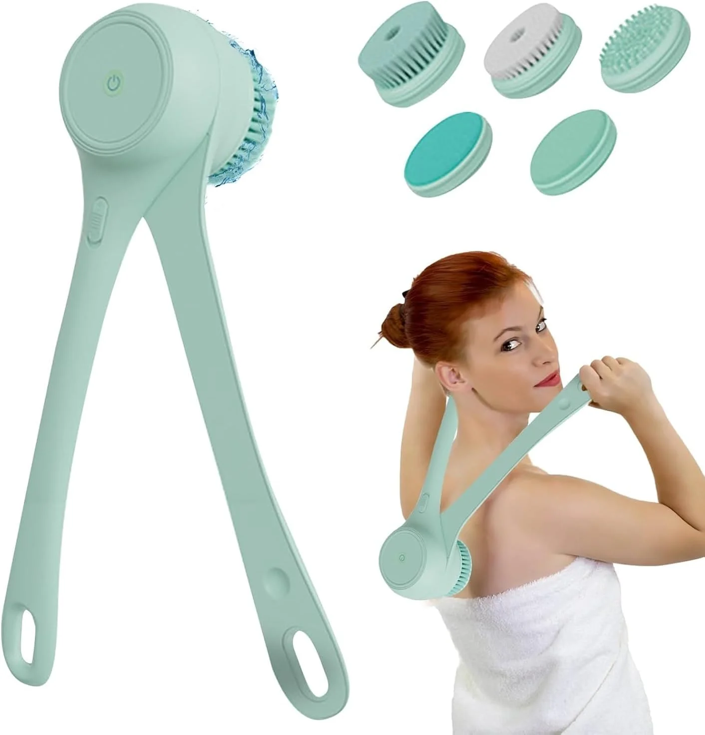 برس حمام دو دسته با 5 سر قابل تعویض، اسکرابر برقی بدن قابل شارژ آزونی، برس دوش لایه بردار و ماساژور چرخشی خودکار، ضد آب IPX7 برای پاکسازی عمیق برس حمام دو دسته با 5 سر قابل تعویض، اسکرابر برقی بدن قابل شارژ آزونی، برس دوش لایه بردار و ماساژور چرخشی خودکار، ضد آب IPX7 برای پاکسازی عمیق