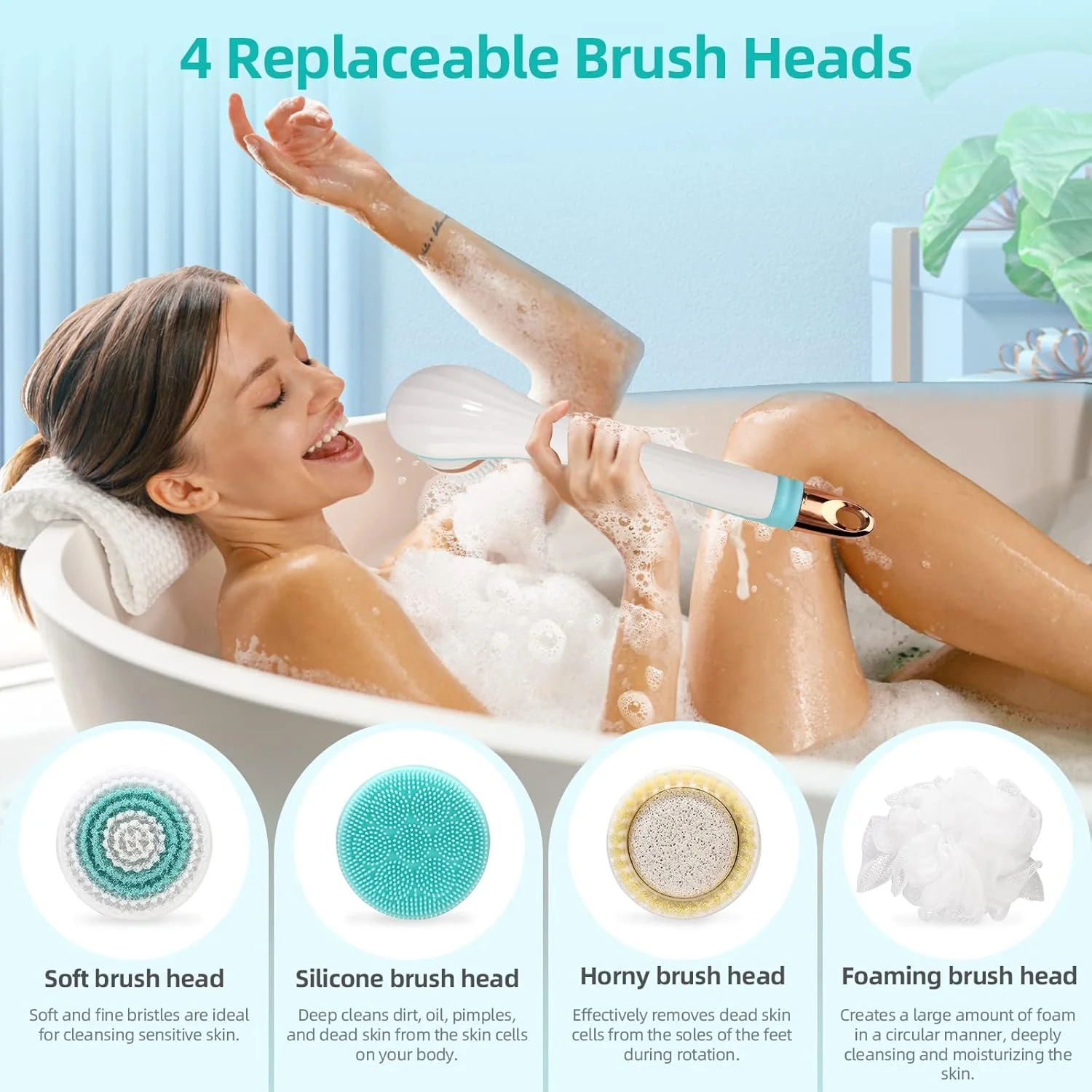 برس بدن برقی Jalann، اسکرابر بدن برقی شارژی با دسته بلند، کیت برس لایه بردار ضد آب صورت و بدن با 4 سر برس برای پاکسازی، ماساژ و مراقبت از پوست در حمام