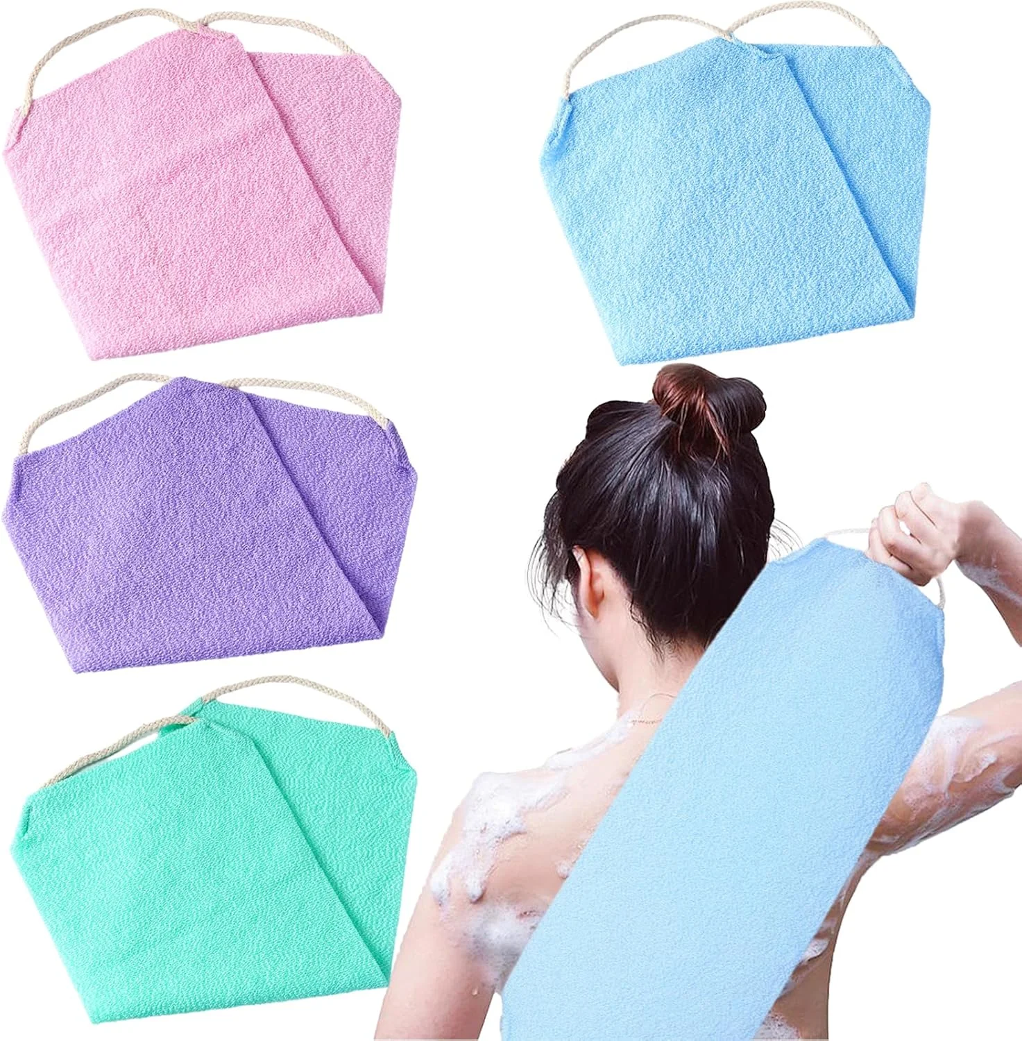 جکزورا 4 عدد لیف پشت شوی بدن، لیف تسمه ای با دسته، لیف نایلونی لایه بردار، لیف حمام با طول اضافی، لیف کششی دوش برای صورت و پشت، پاک کننده پوست، ماساژور زنانه و مردانه جکزورا 4 عدد لیف پشت شوی بدن، لیف تسمه ای با دسته، لیف نایلونی لایه بردار، لیف حمام با طول اضافی، لیف کششی دوش برای صورت و پشت، پاک کننده پوست، ماساژور زنانه و مردانه