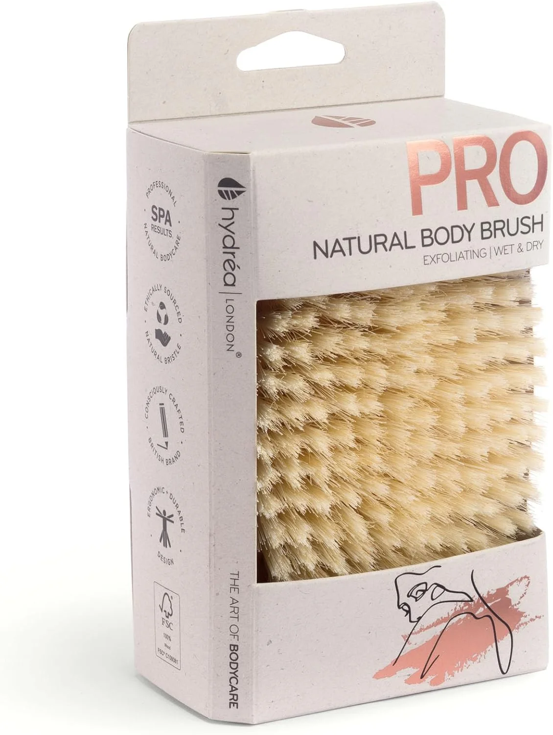 برس بدن خشک طبیعی هیدرا لندن - برس لایه بردار پوست خشک با موهای طبیعی، برس خشک ضد سلولیت، کمک به بهبود تخلیه لنفاوی - چوب راش دارای گواهی FSC®.
