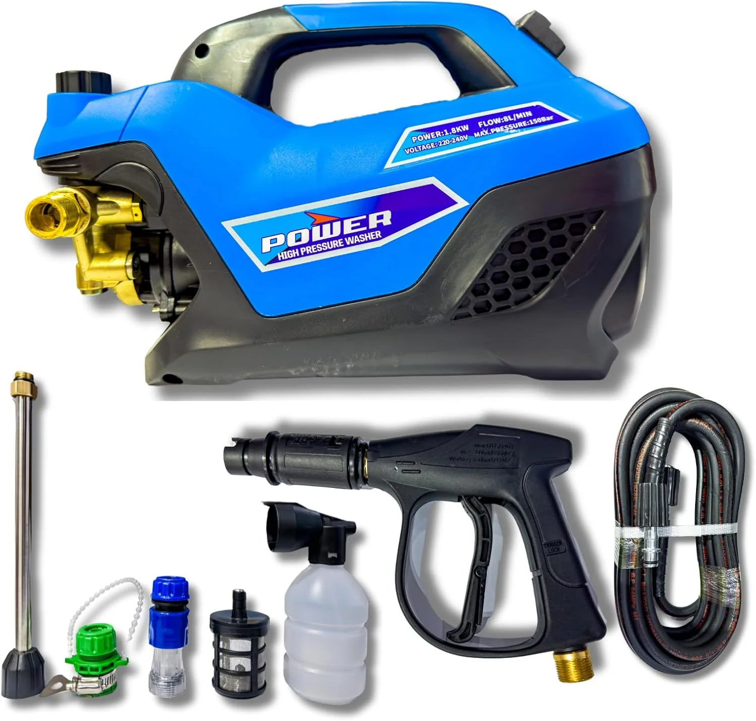 پمپ کارواش فشار قوی Power V2S-C100 – 1800 وات | حداکثر فشار 150 بار | جریان 8 لیتر در دقیقه | موتور مسی | ایده آل برای تمیز کردن HVAC، کارواش و مصارف صنعتی