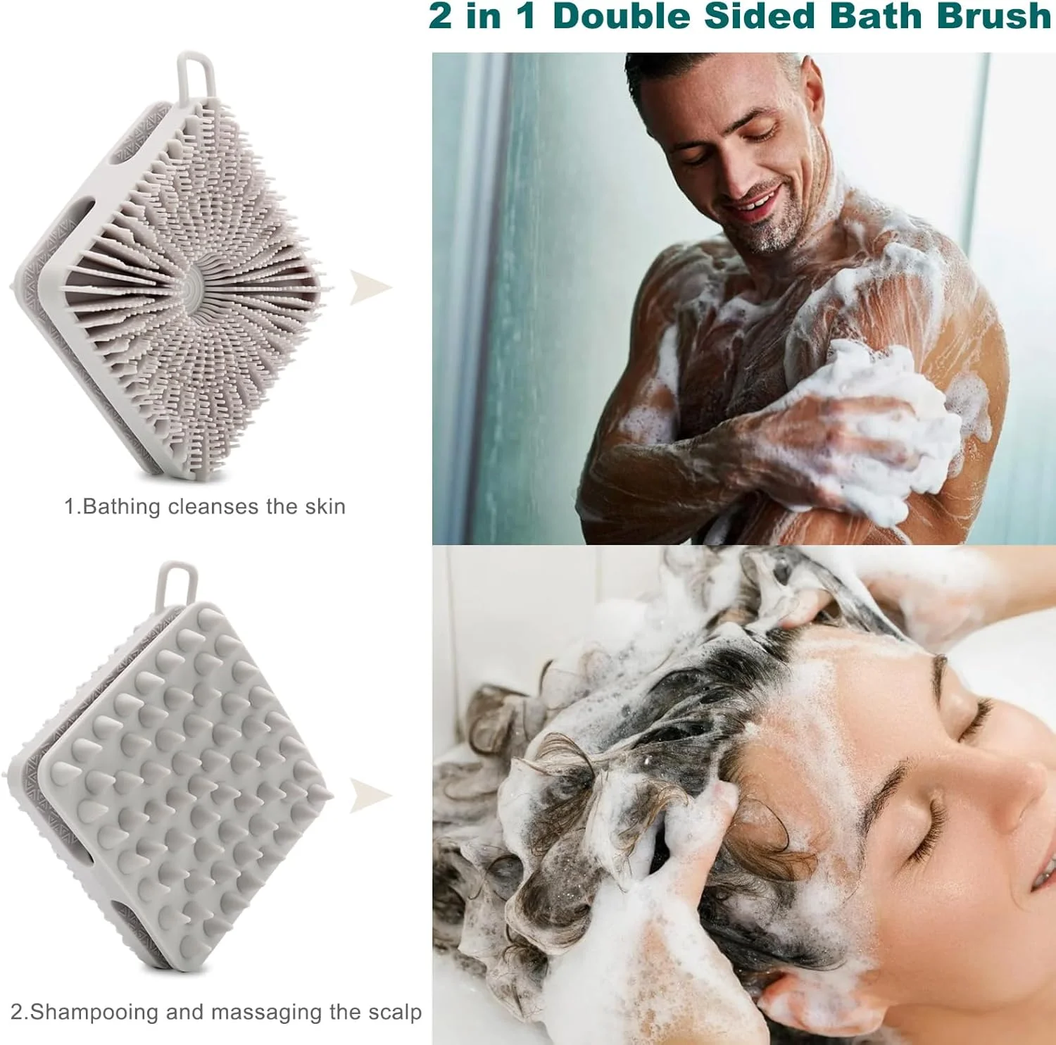 برس سیلیکونی بدن HAYSNA، لیف سیلیکونی دو طرفه، برس دوش سیلیکونی و برس شامپو ماساژور سر برای انواع پوست حساس کودکان، زنان و مردان (خاکستری خنک)