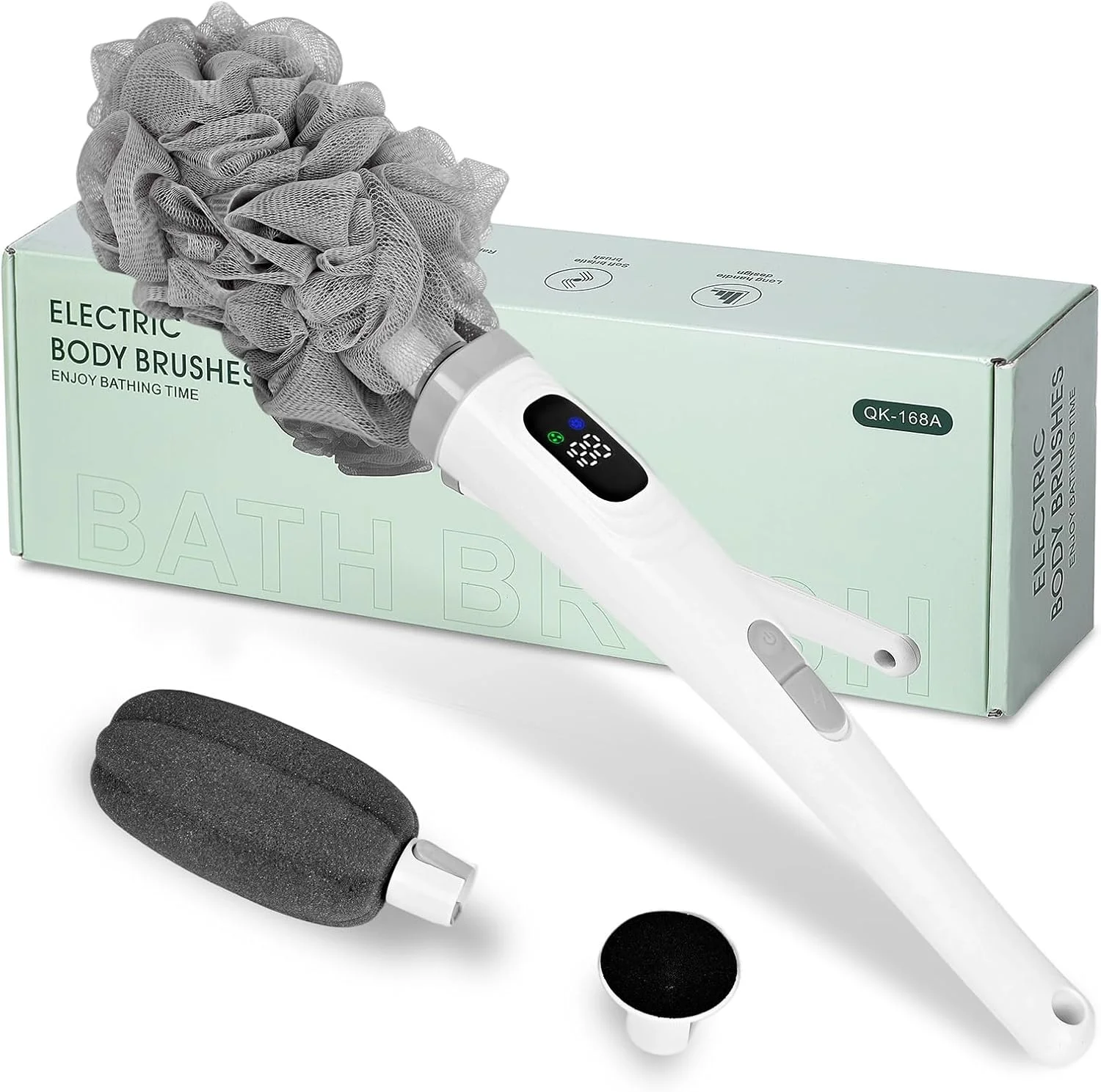 Goldium Electric Body Brush Back Scrubber for Shower - 3 in 1 Waterproof & Rechargeable with Long Handle, 3 Heads & 2 Speeds for Foam Generating, Cleansing, Exfoliating, Foot Callus Remover