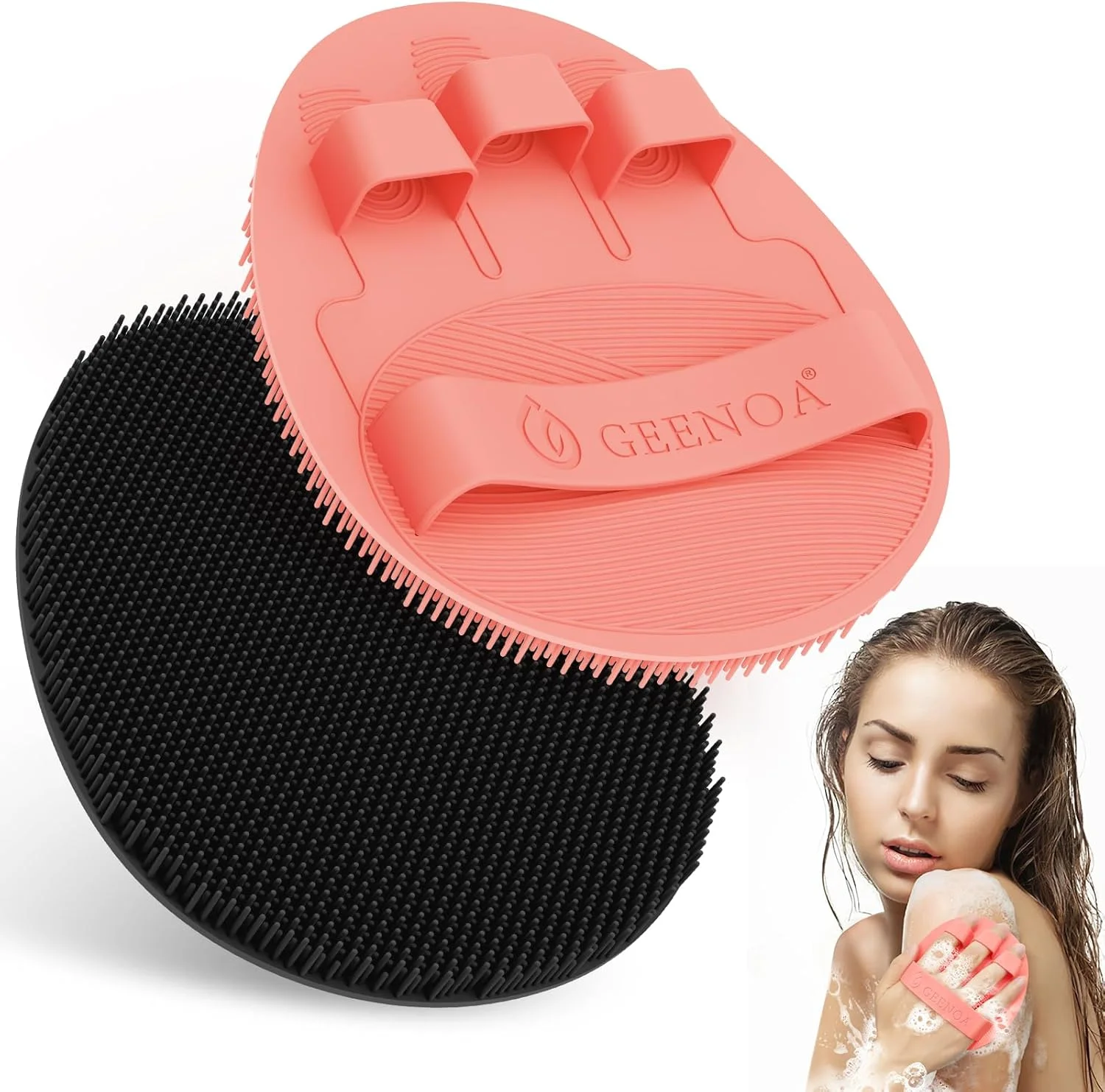 GEENOA Soft Silicone Bath Gloves 2PCS, 360° Anti-Slip Silicone Body Scrubber for Rich Foaming Deep Cleaning, Revolutionary No-Grip & Hand-fit Design Shower Scrubber for All Skin Types.(Black+Pink)