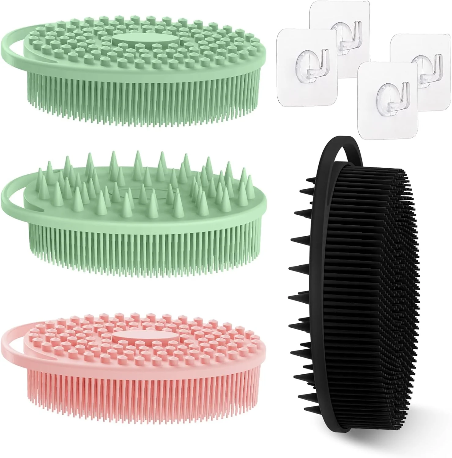 GEENOA Soft Silicone Body Scrubber 4PCS, 2-in-1 Bath & Shampoo Brush with Dual-Side Usage, Hygienic Silicone Loofah Shower Scrubber for Gentle Exfoliating & Good Lathering(Black/Pink/Green*2)