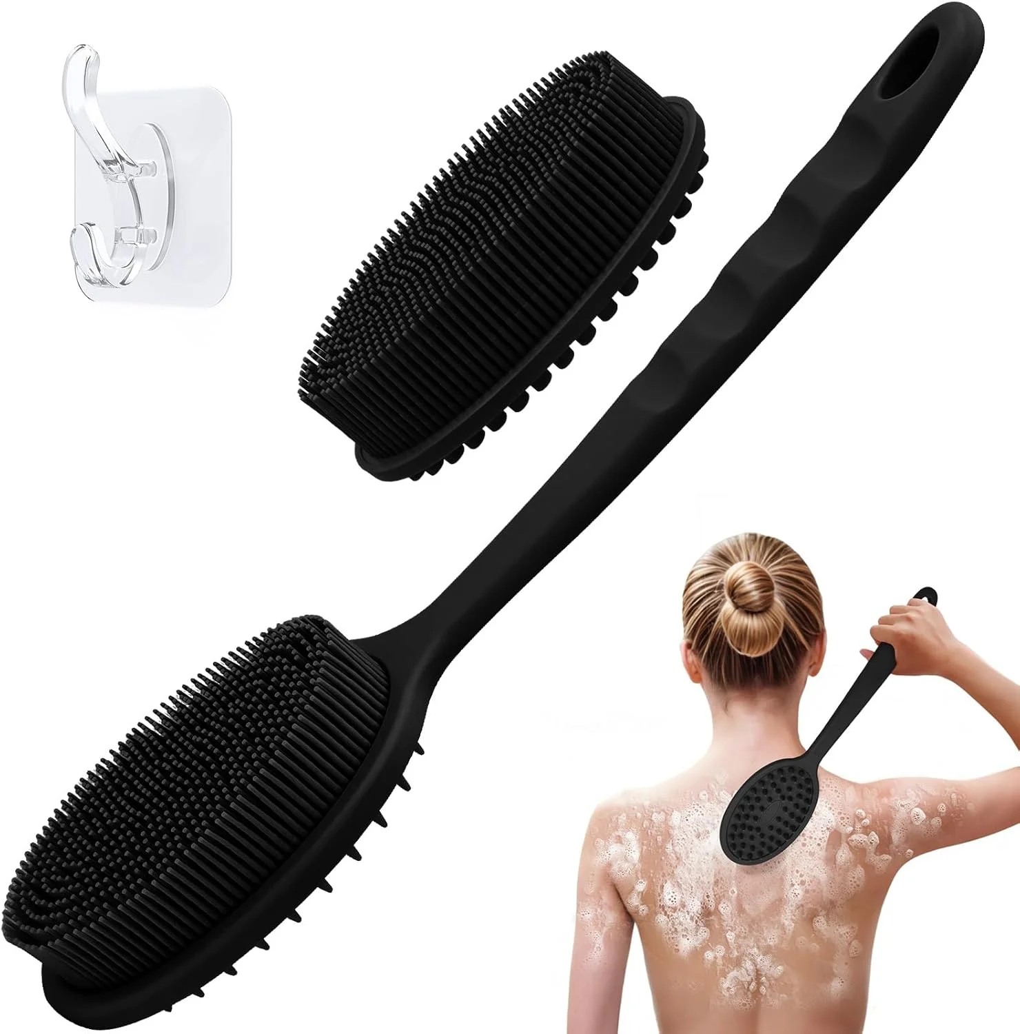 GEENOA Back Scrubber for Shower, Gentle Silicone Body Scrubber, Soft Silicone Loofah with Handle, Back Brush Bath Brush with Two Replaceable Brush Heads. (Black-Two Heads)