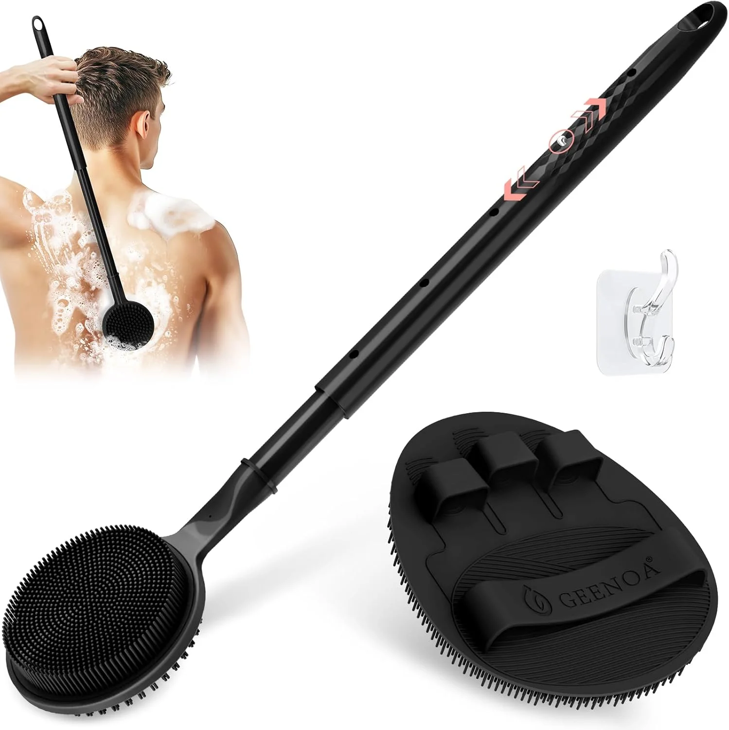 لیف سیلیکونی پشت شوی GEENOA و دستکش حمام نرم 2 عددی، لیف حمام کشویی 40 تا 60 سانتی متری با سر دو طرفه، لیف سیلیکونی 360 درجه ضد لغزش و مناسب دست برای تمیز کردن عمیق و کف فراوان (مشکی)