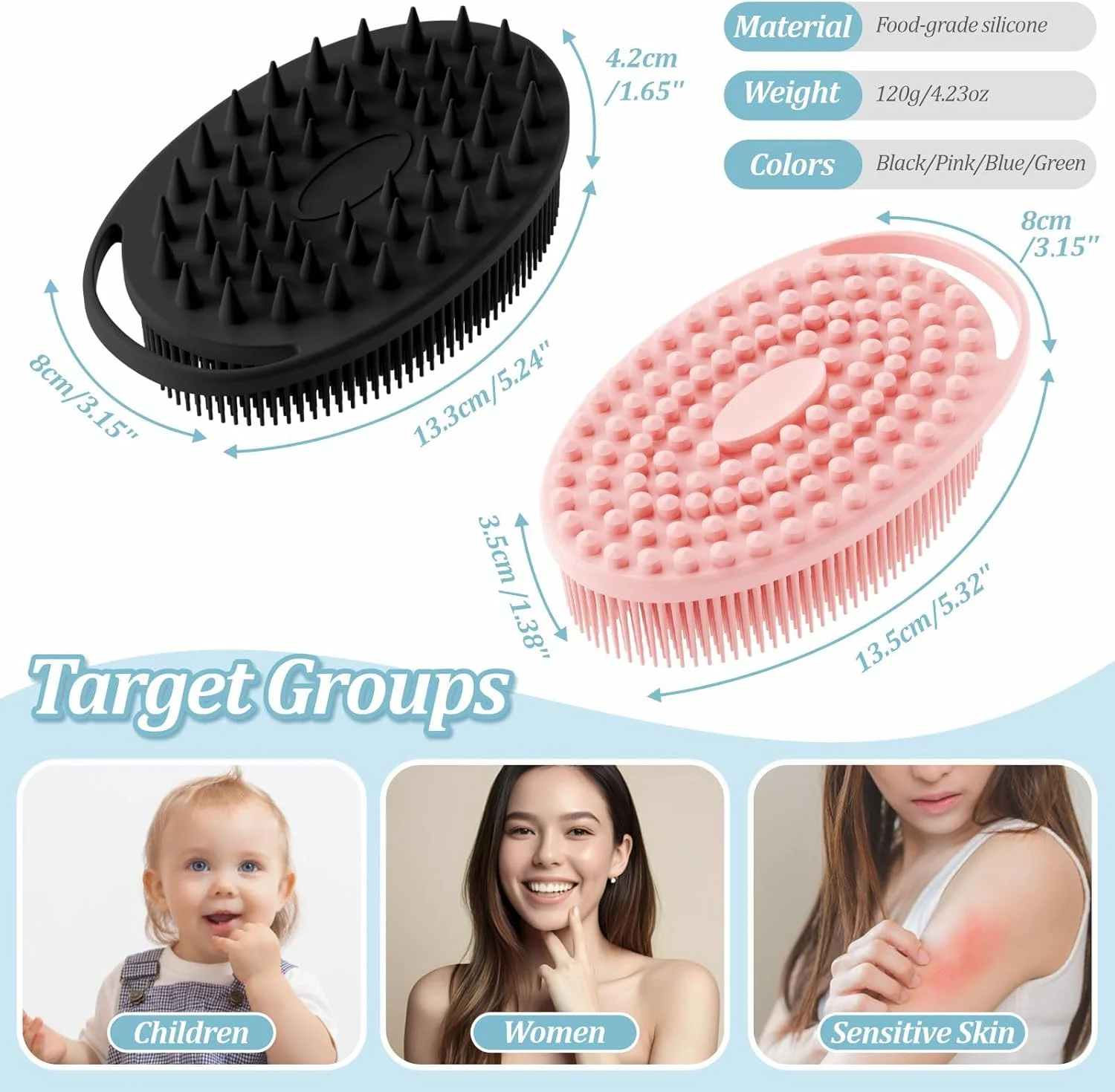 GEENOA Soft Silicone Body Scrubber 4PCS, 2-in-1 Bath & Shampoo Brush with Dual-Side Usage, Hygienic Silicone Loofah Shower Scrubber for Gentle Exfoliating & Good Lathering(Black/Pink/Green*2)