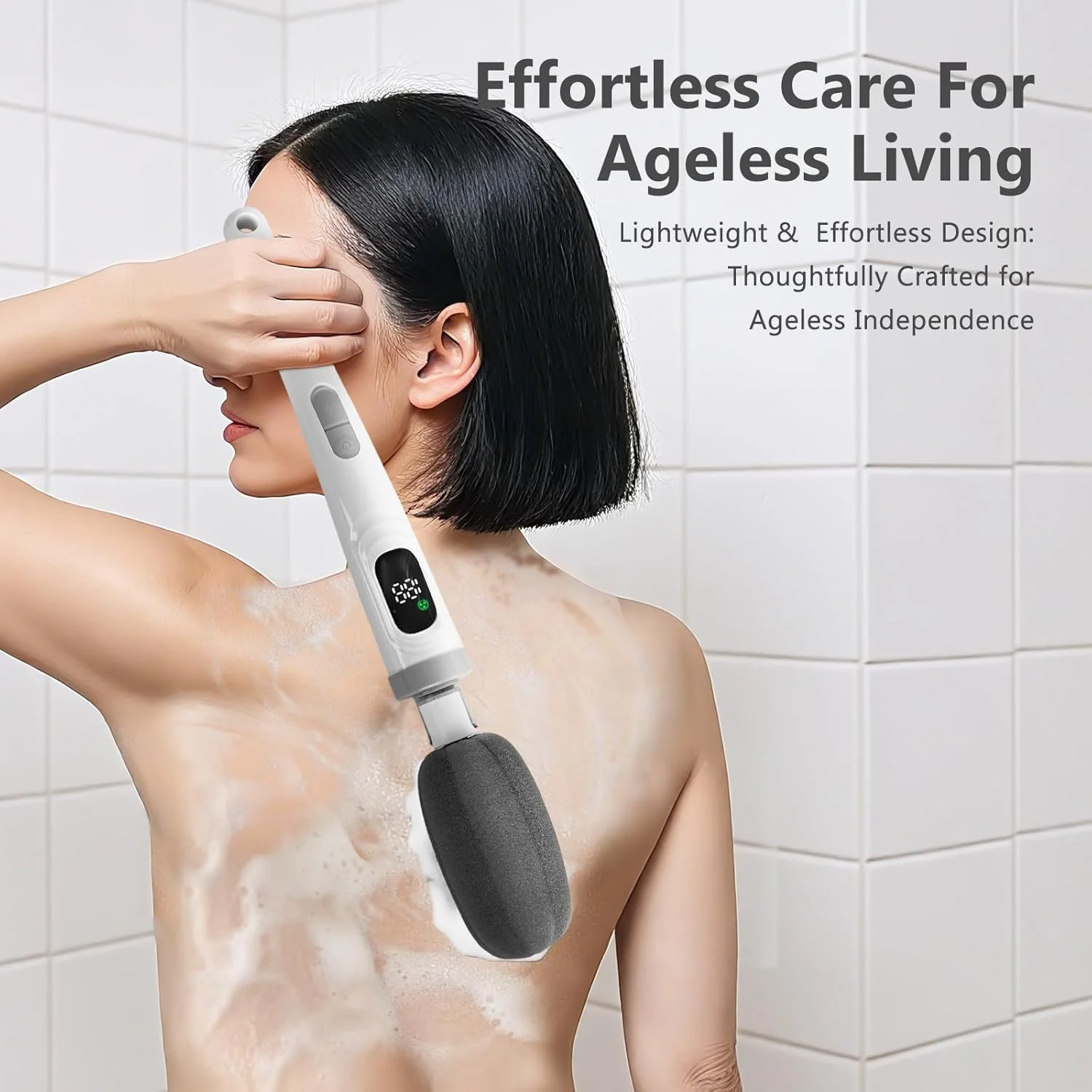 Goldium Electric Body Brush Back Scrubber for Shower - 3 in 1 Waterproof & Rechargeable with Long Handle, 3 Heads & 2 Speeds for Foam Generating, Cleansing, Exfoliating, Foot Callus Remover